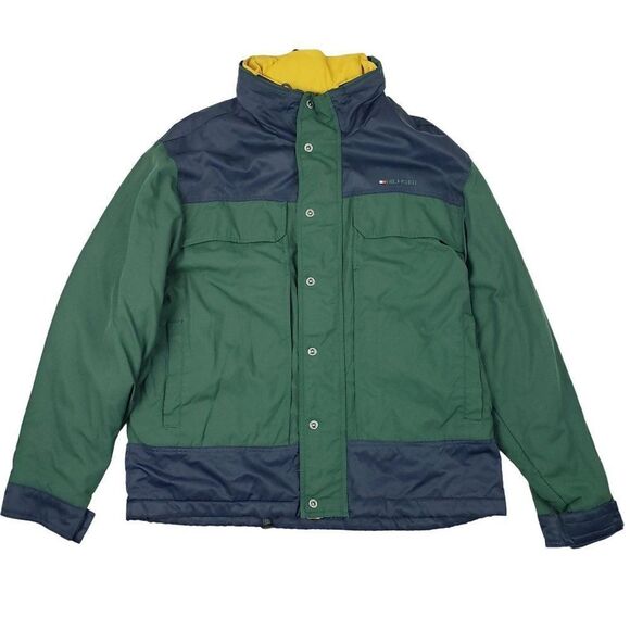 Vtg Tommy Hilfiger Men's Large Fleece Lined Hooded Green Blue Yellow Rain Jacket - Picture 1 of 15
